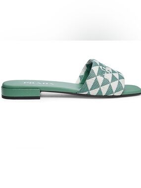 NEW! Prada
Enameled Metal Triangle Printed Slides US 8.5